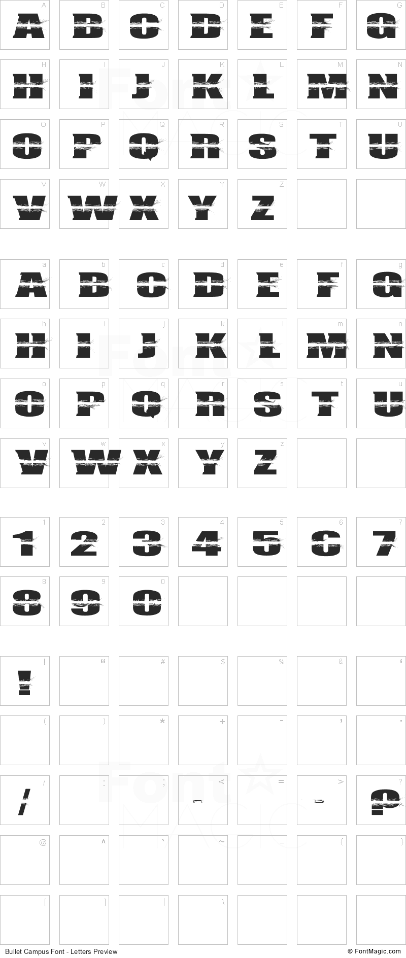 Bullet Campus Font - All Latters Preview Chart