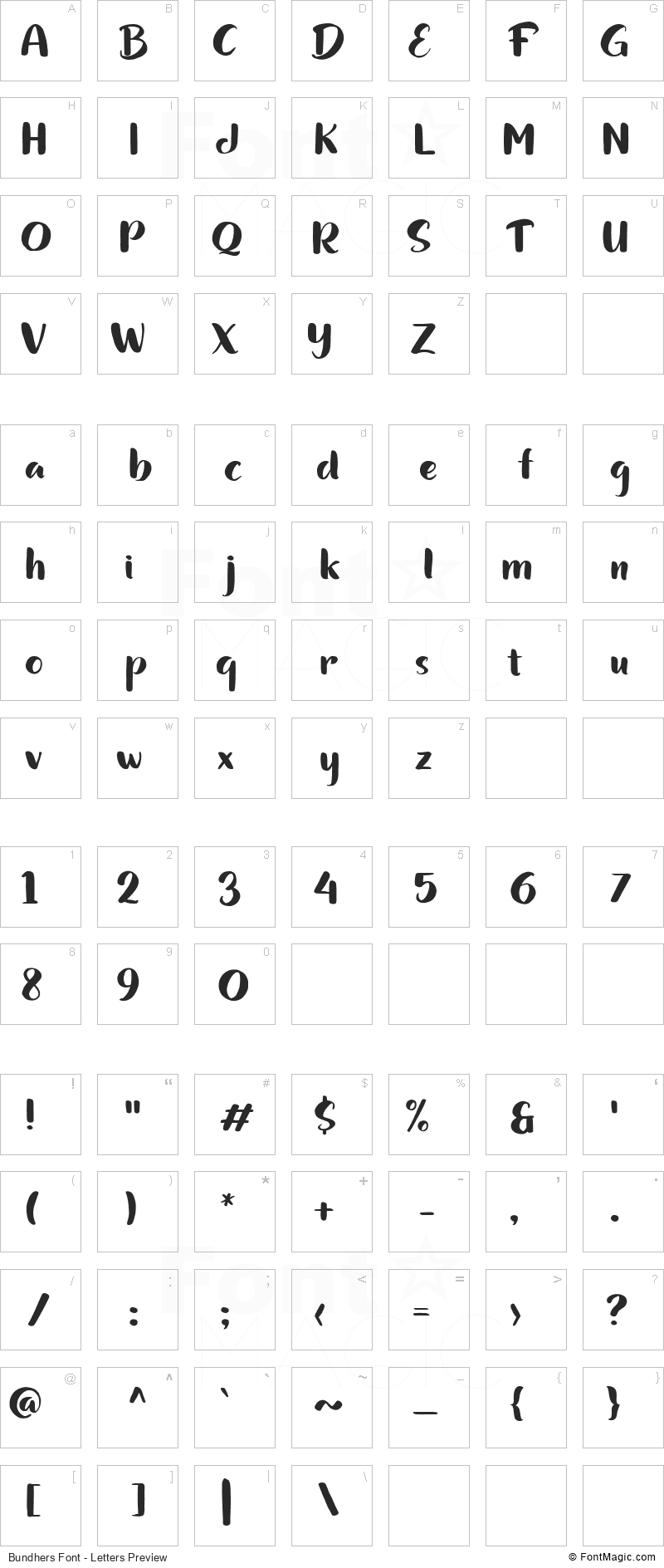 Bundhers Font - All Latters Preview Chart