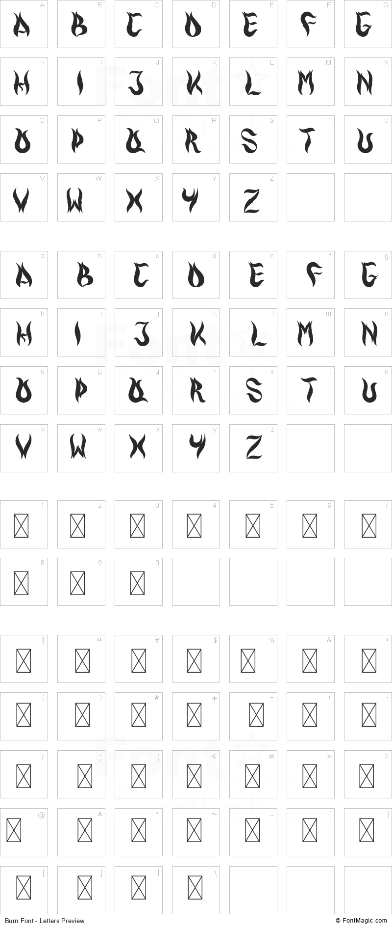 Burn Font - All Latters Preview Chart