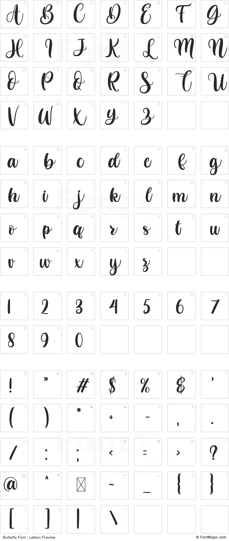 Butterfly Font - All Latters Preview Chart