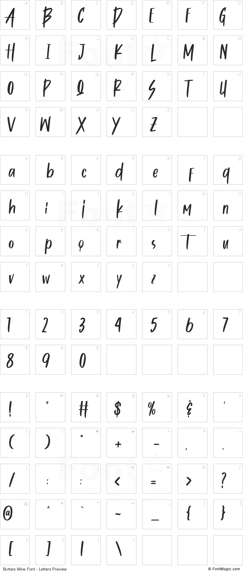 Butters Mine Font - All Latters Preview Chart