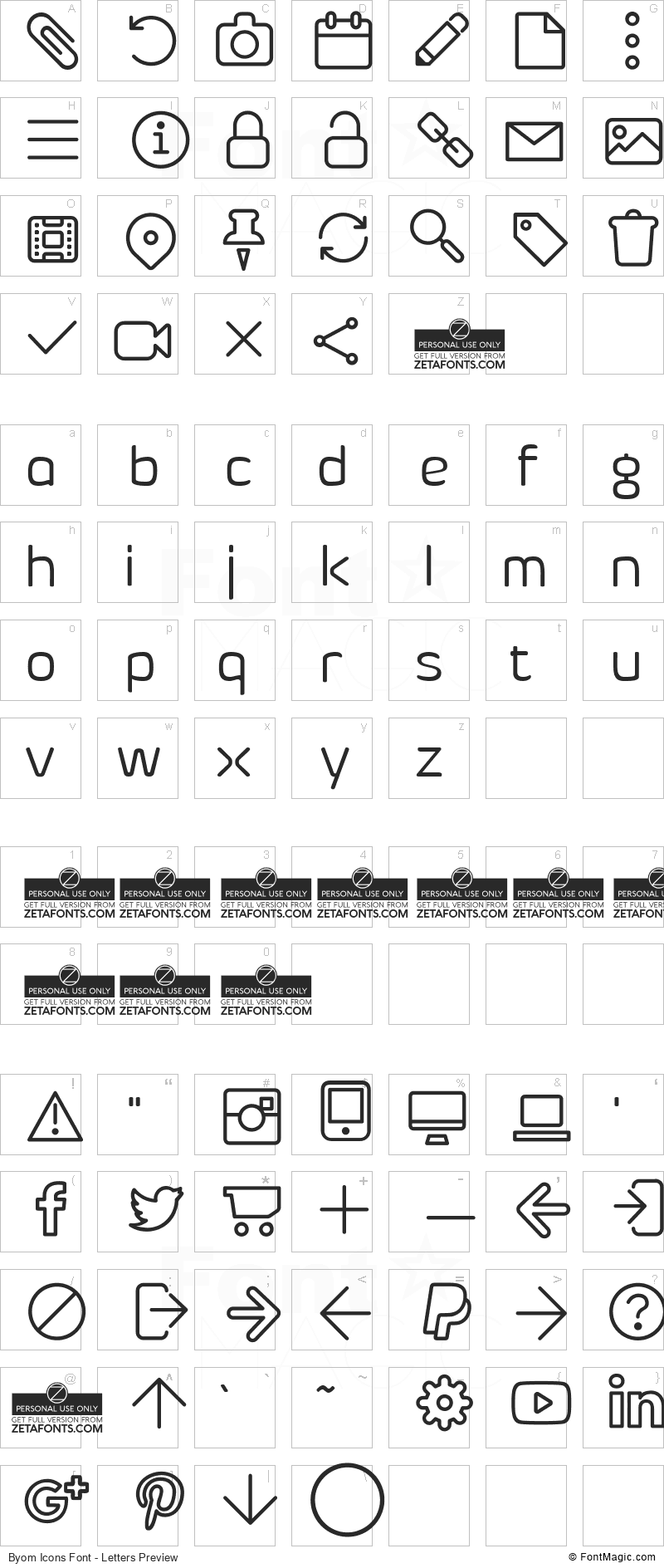 Byom Icons Font - All Latters Preview Chart