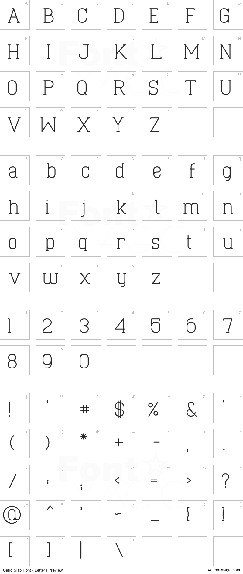 Cabo Slab Font - All Latters Preview Chart