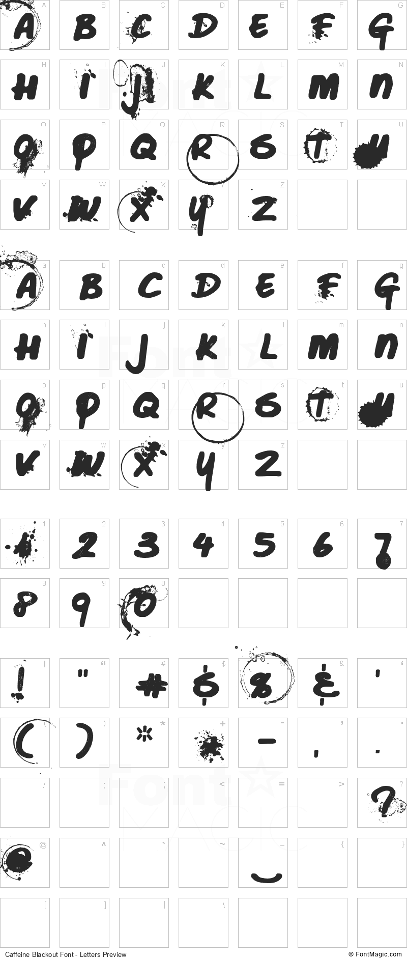 Caffeine Blackout Font - All Latters Preview Chart