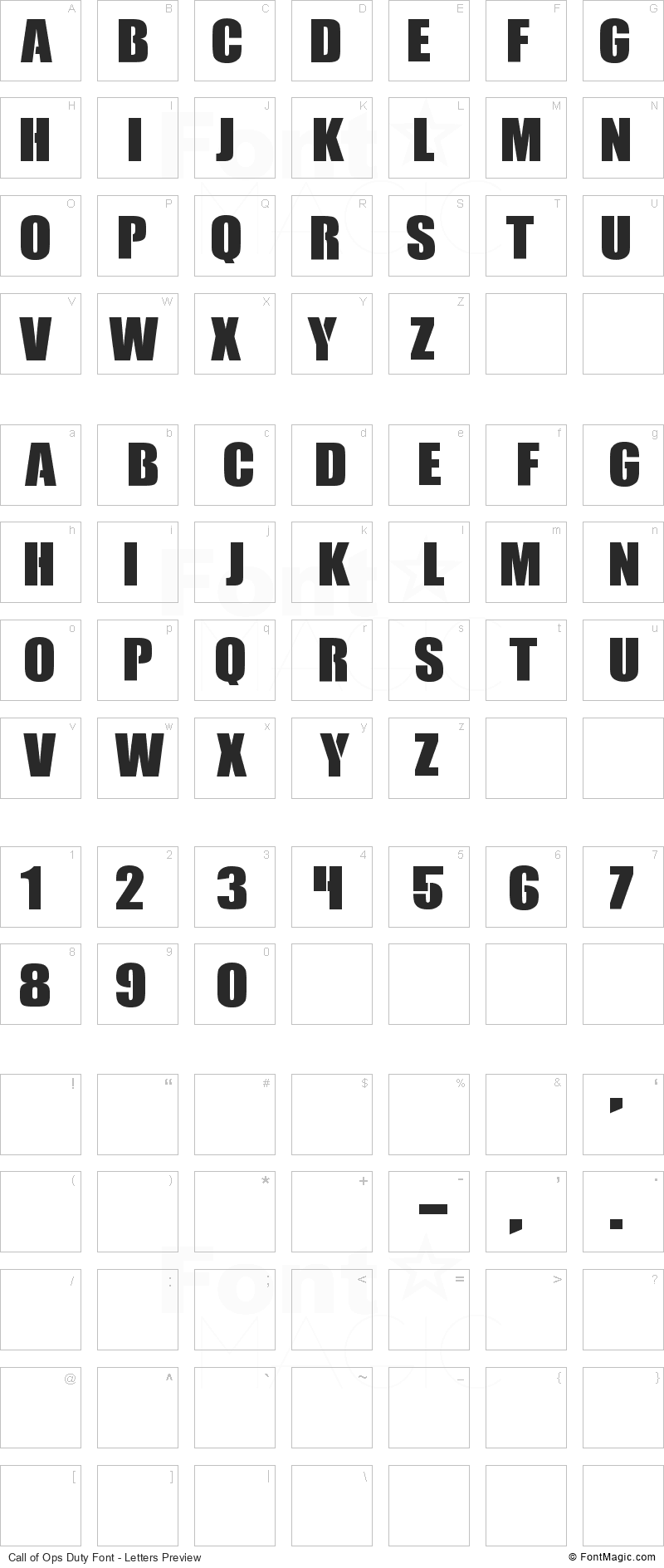 Call of Ops Duty Font - All Latters Preview Chart