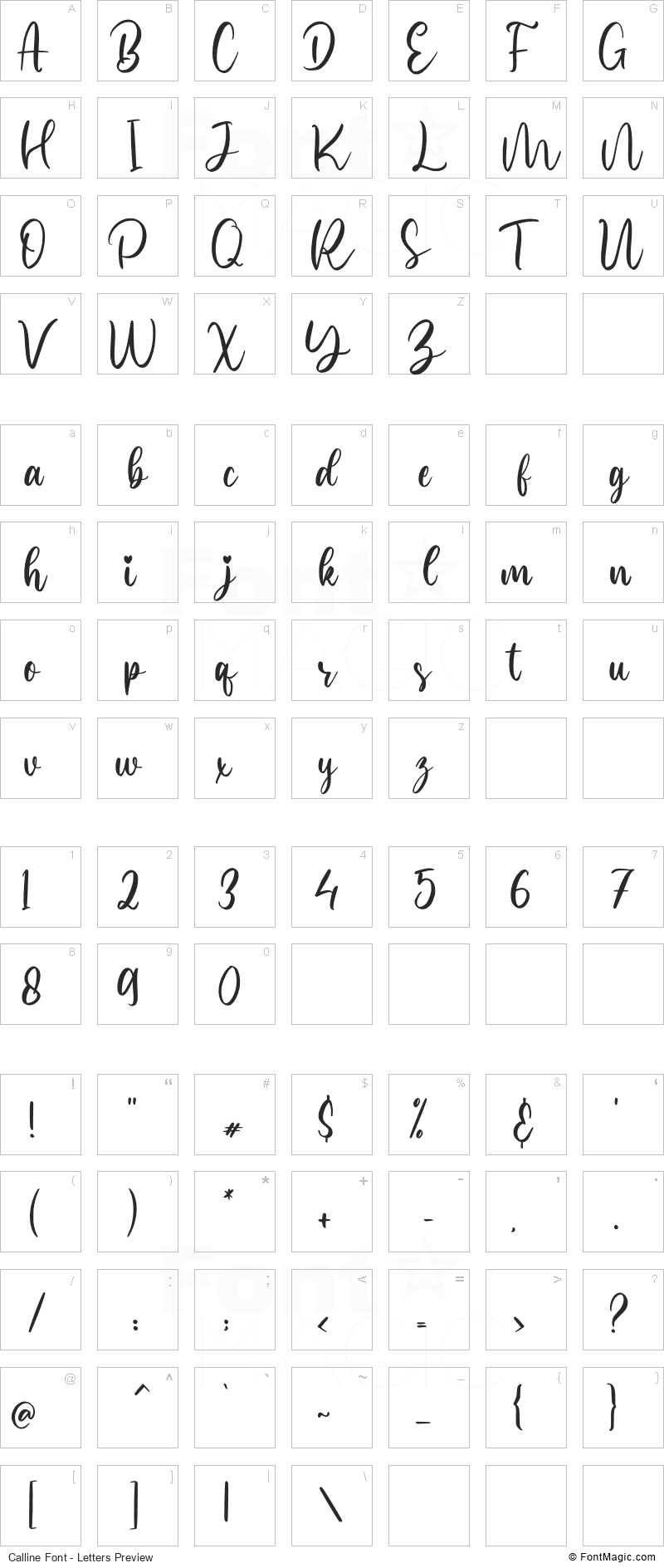 Calline Font - All Latters Preview Chart