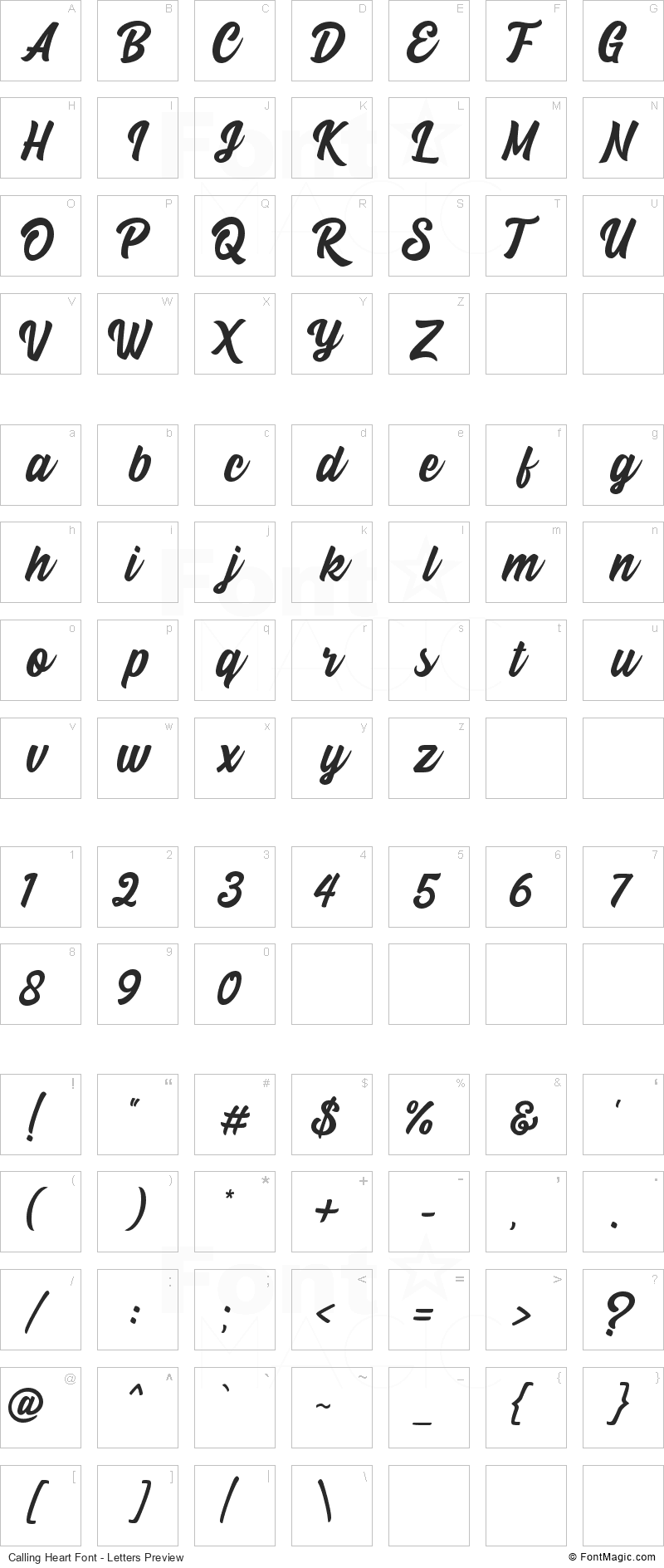 Calling Heart Font - All Latters Preview Chart