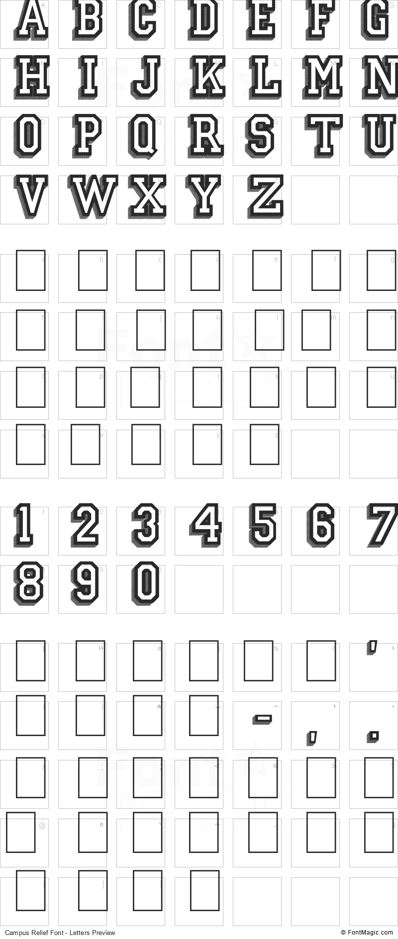 Campus Relief Font - All Latters Preview Chart