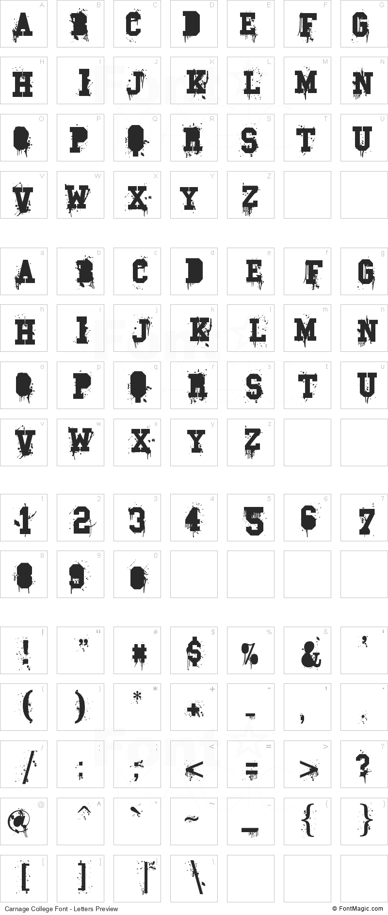 Carnage College Font - All Latters Preview Chart