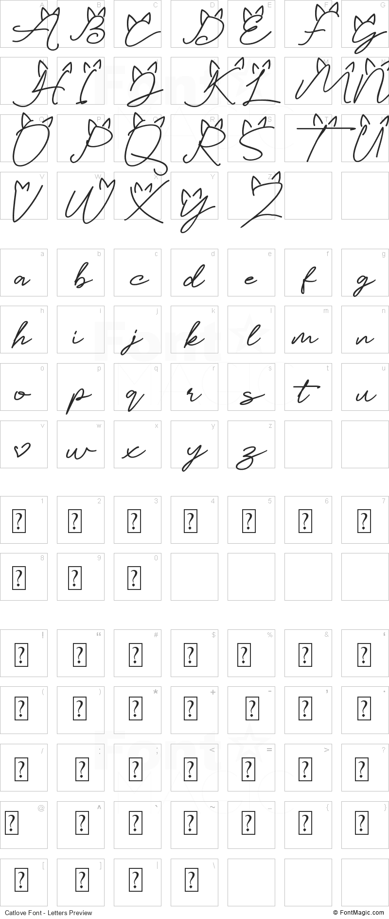 Catlove Font - All Latters Preview Chart