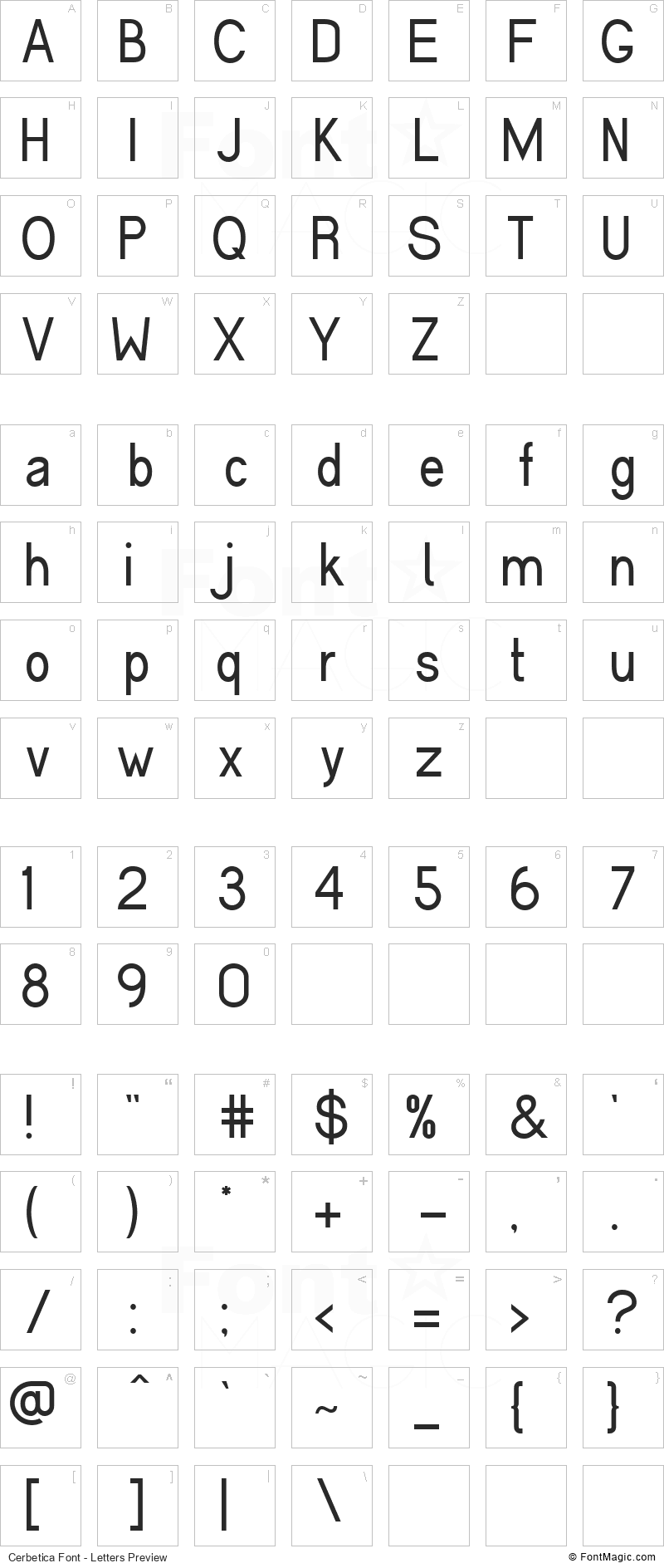 Cerbetica Font - All Latters Preview Chart