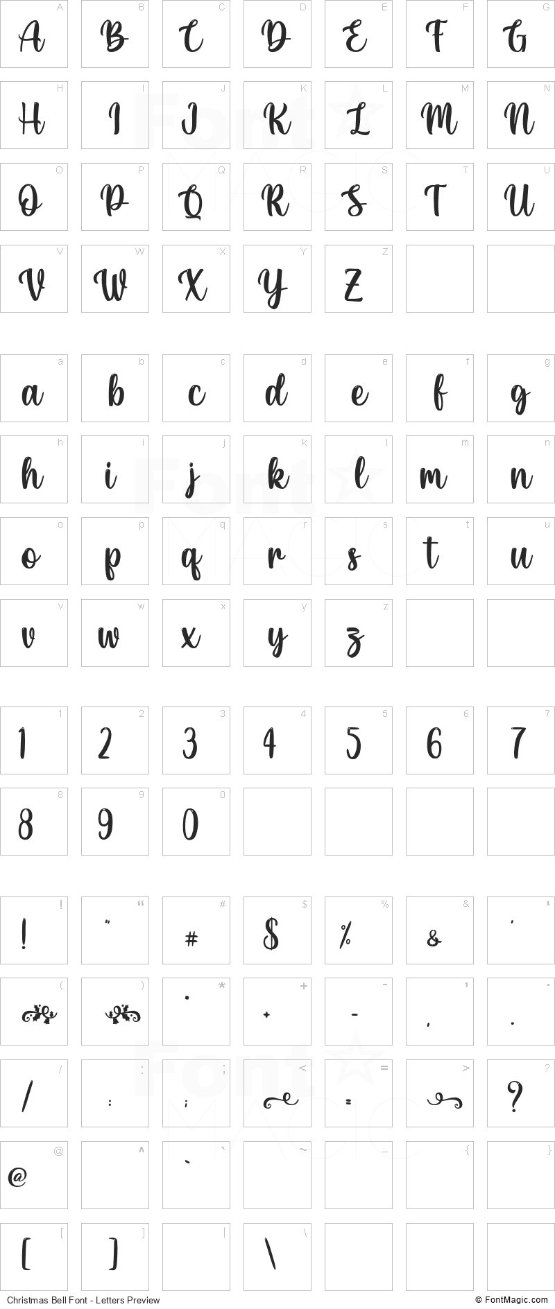 Christmas Bell Font - All Latters Preview Chart