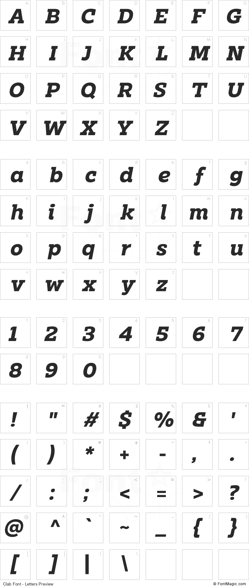 Clab Font - All Latters Preview Chart