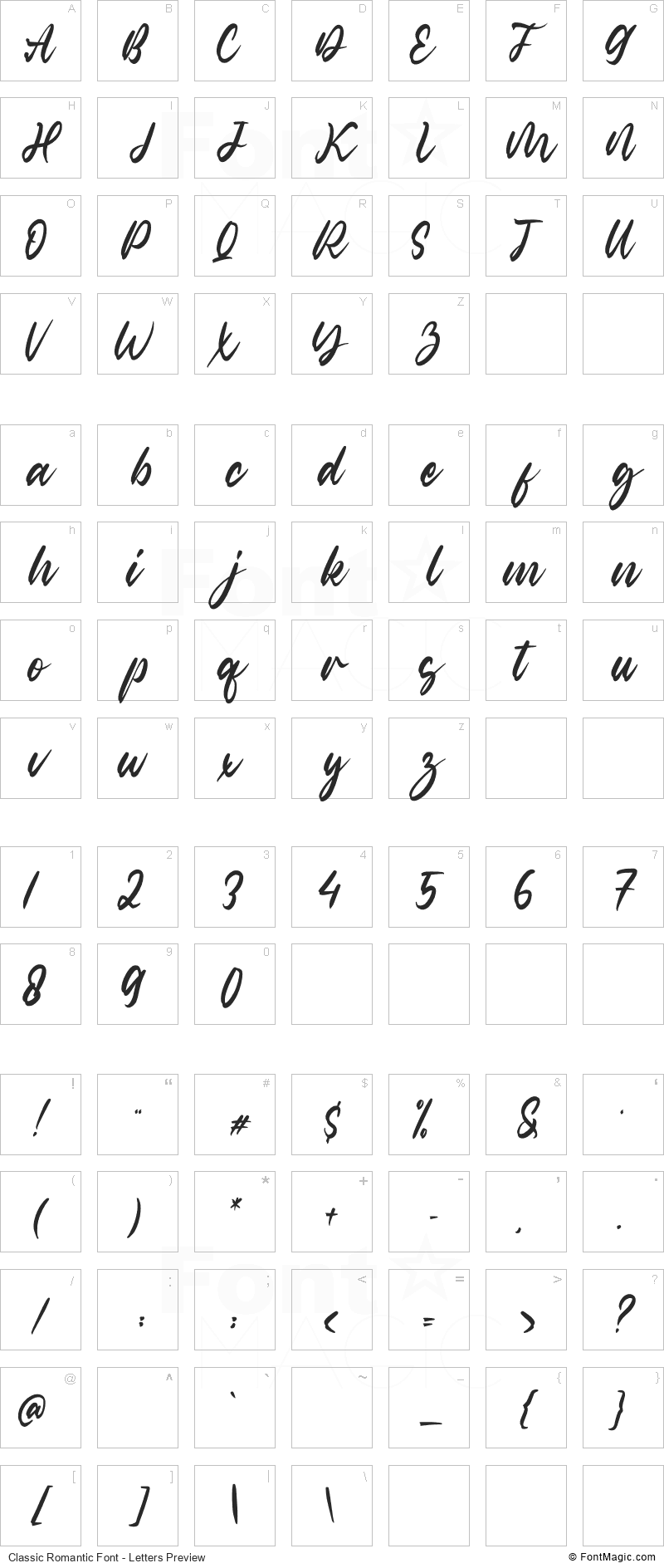 Classic Romantic Font - All Latters Preview Chart