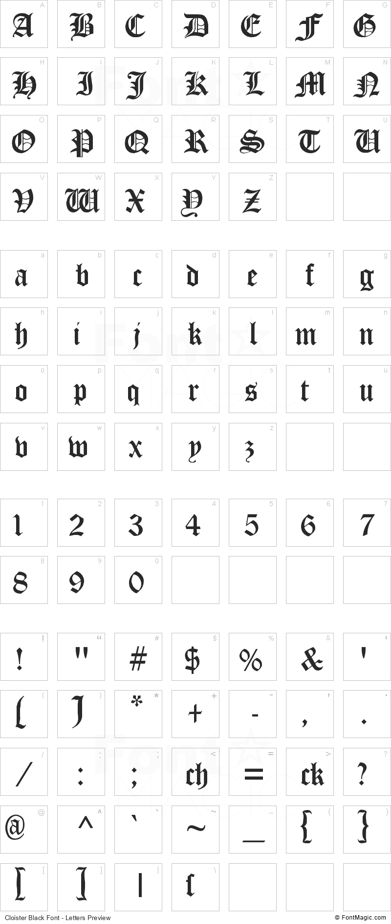 Cloister Black Font - All Latters Preview Chart
