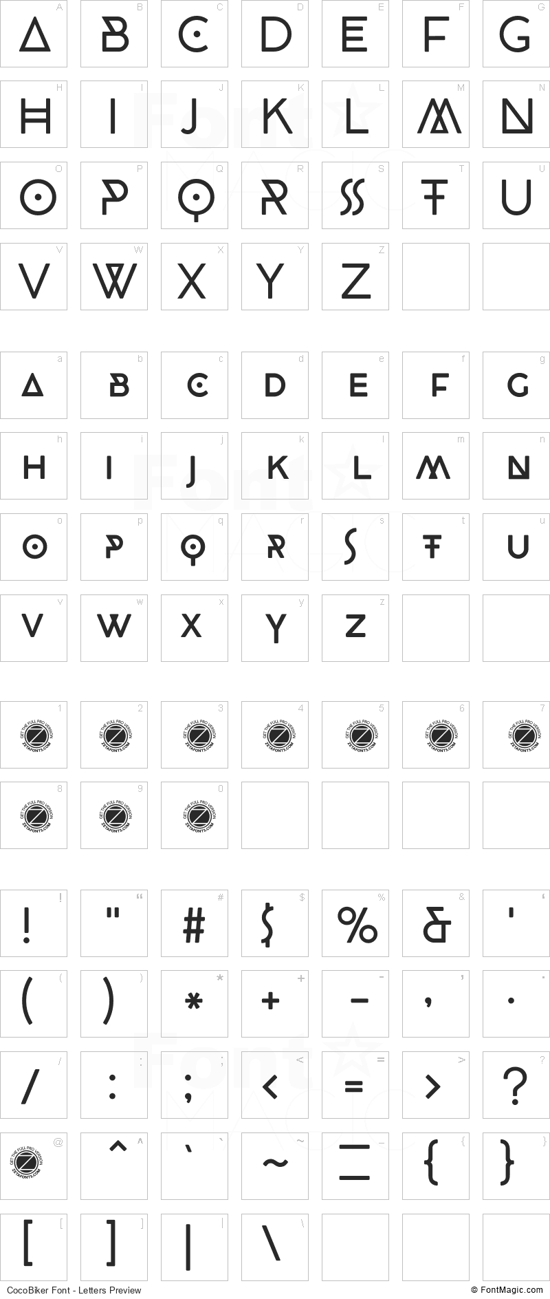 CocoBiker Font - All Latters Preview Chart