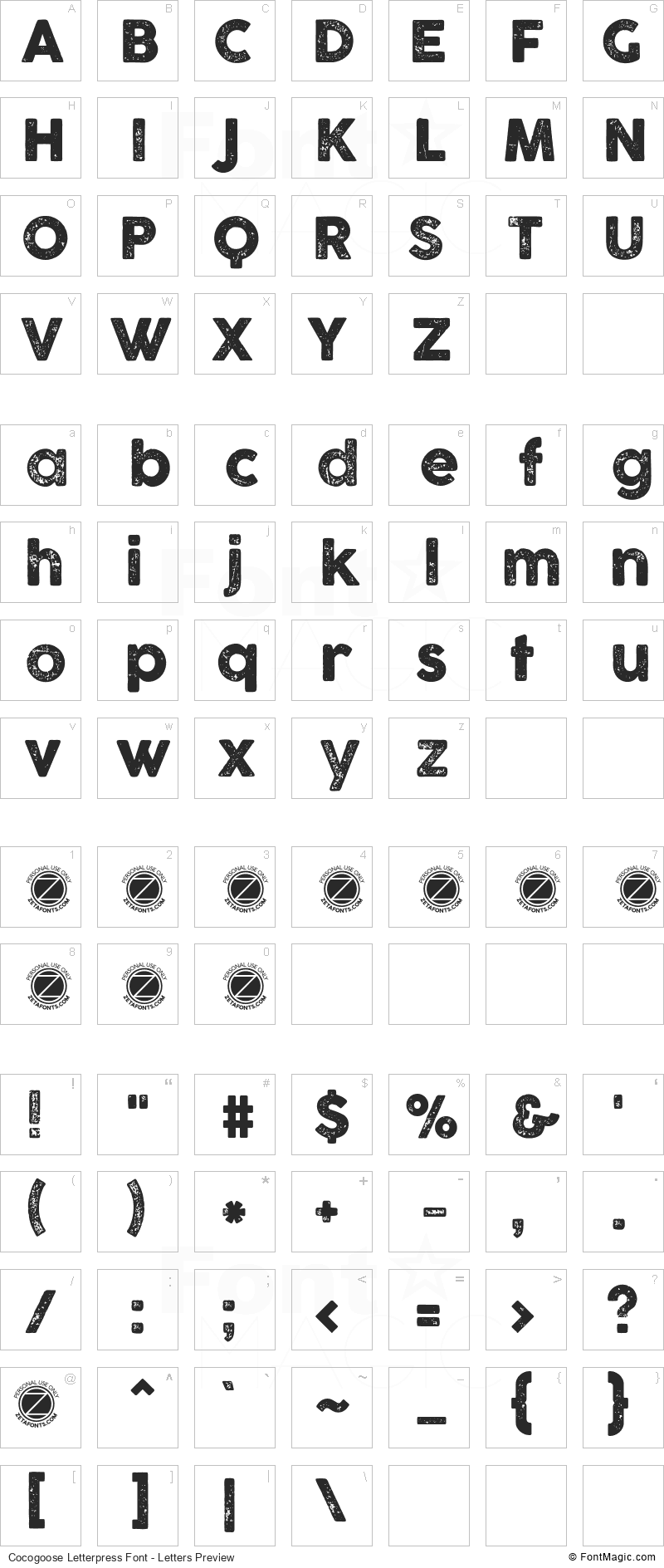 Cocogoose Letterpress Font - All Latters Preview Chart