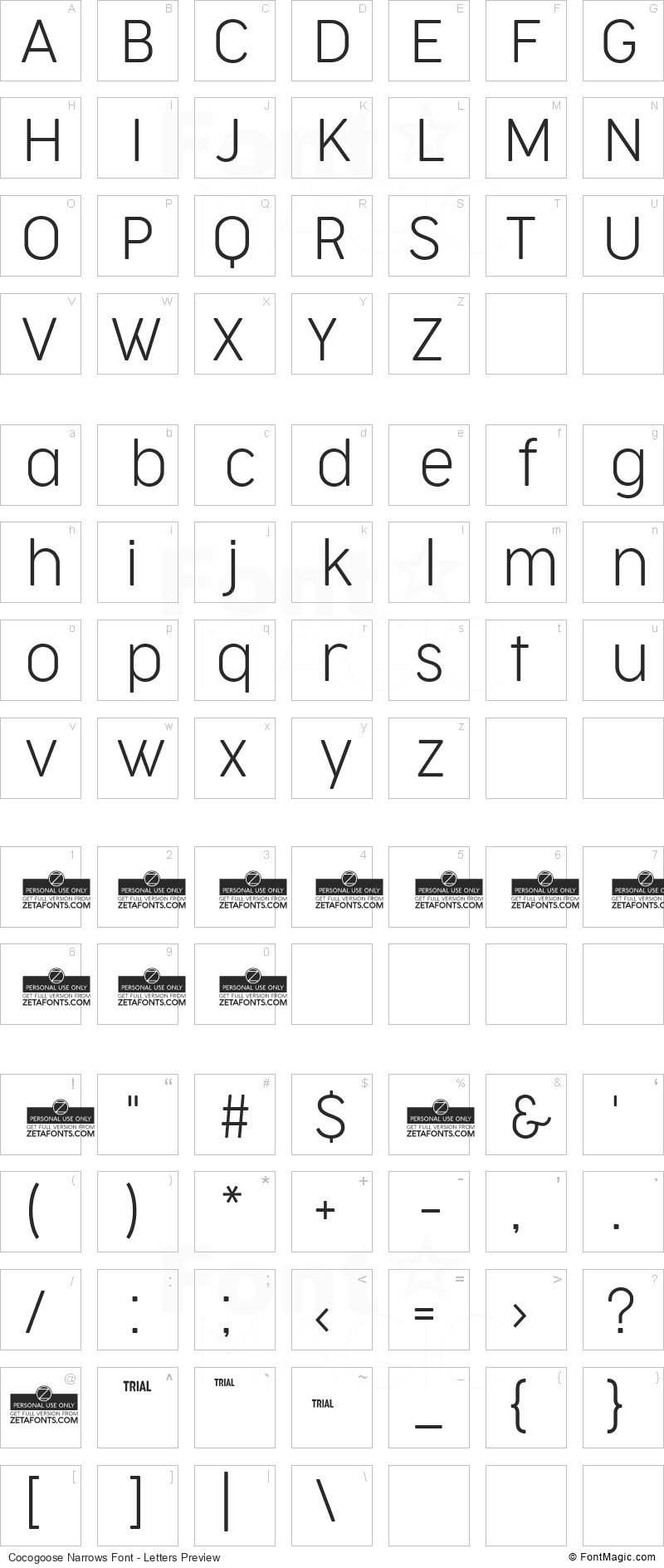 Cocogoose Narrows Font - All Latters Preview Chart