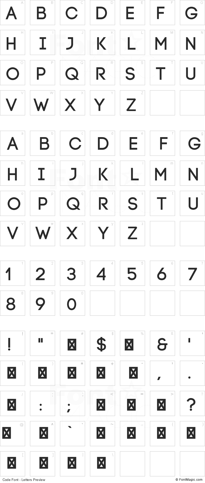 Code Font - All Latters Preview Chart