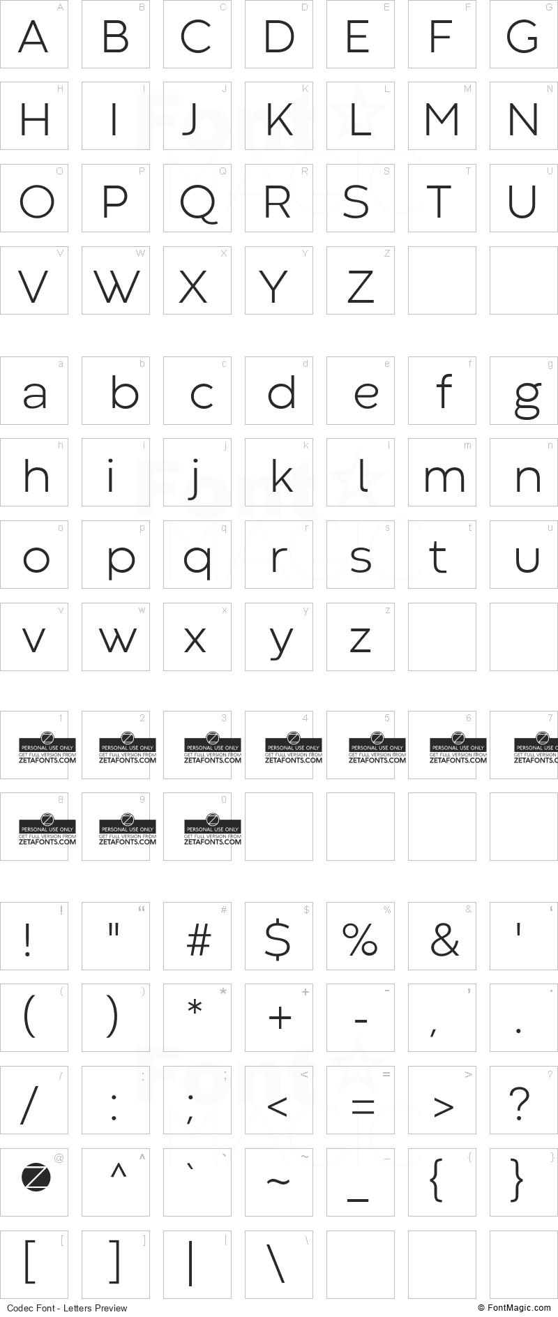 Codec Font - All Latters Preview Chart