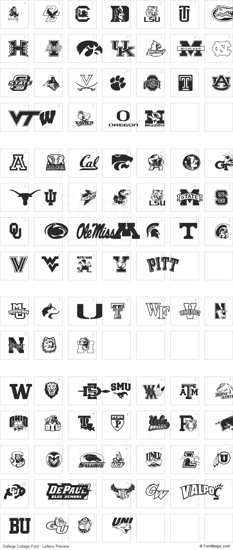 College Collage Font - All Latters Preview Chart