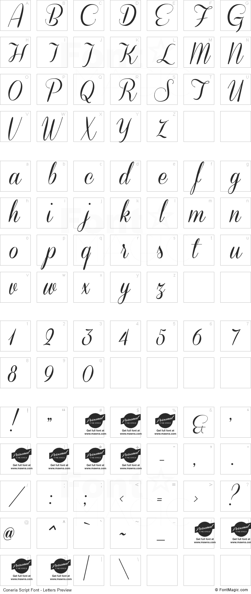 Coneria Script Font - All Latters Preview Chart