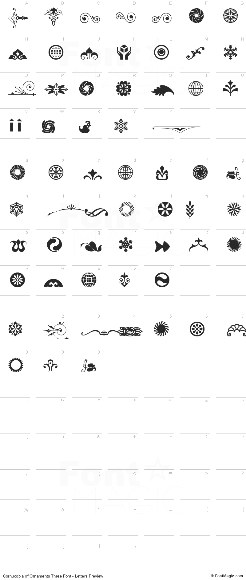 Cornucopia of Ornaments Three Font - All Latters Preview Chart