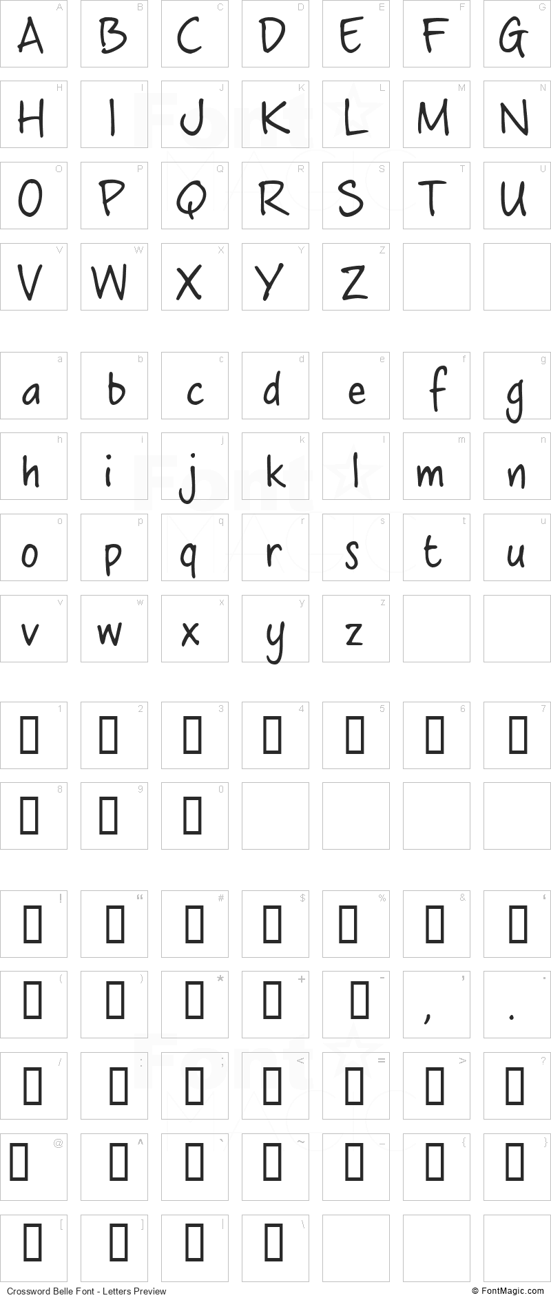 Crossword Belle Font - All Latters Preview Chart