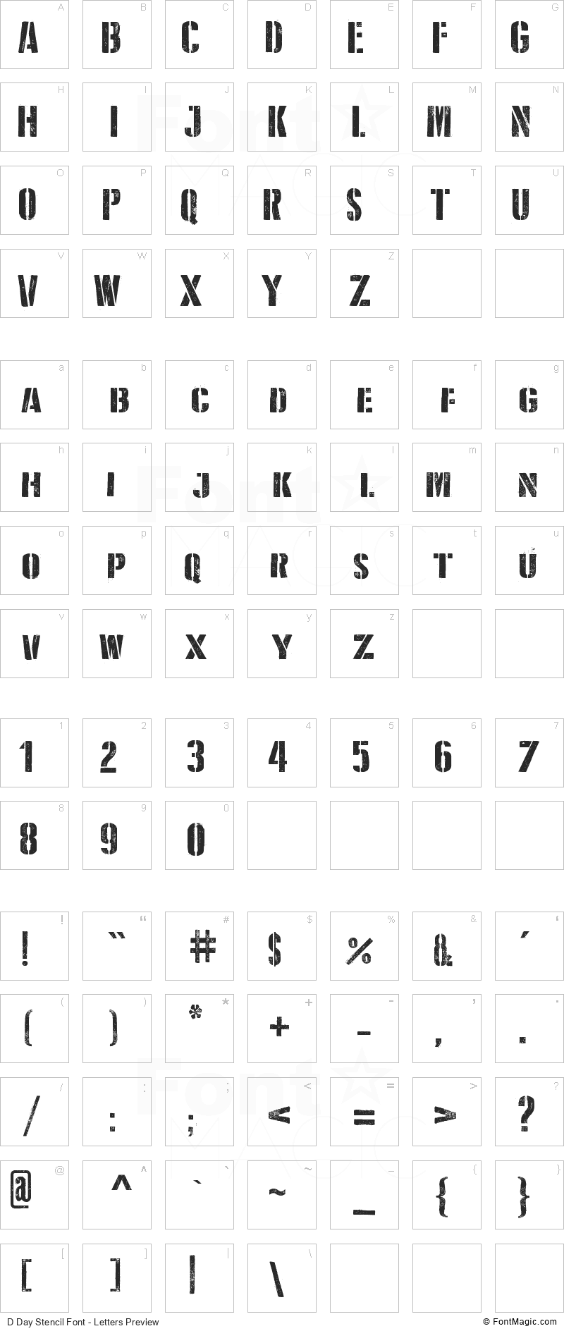 D Day Stencil Font - All Latters Preview Chart