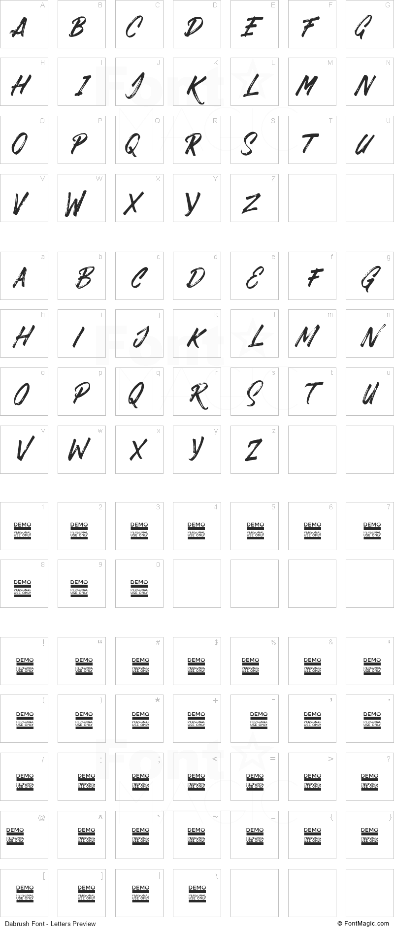 Dabrush Font - All Latters Preview Chart