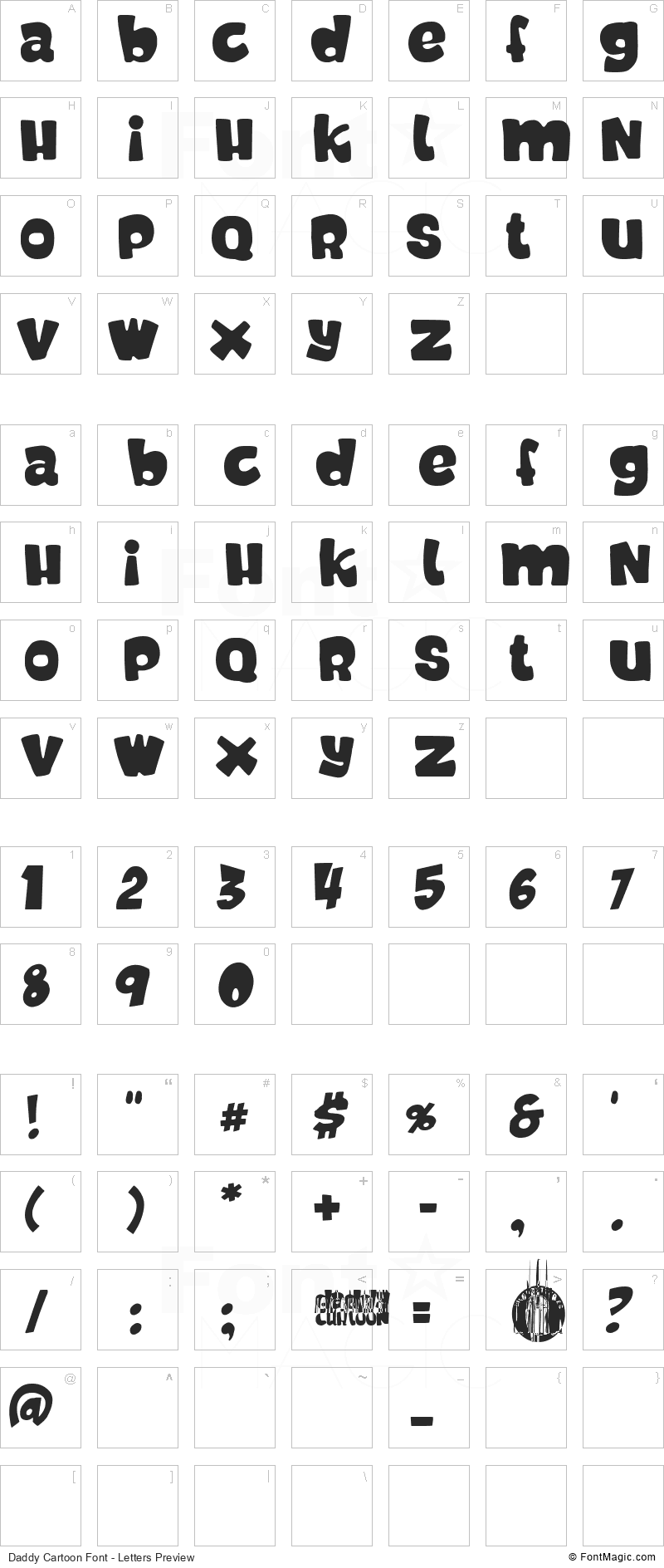 Daddy Cartoon Font - All Latters Preview Chart