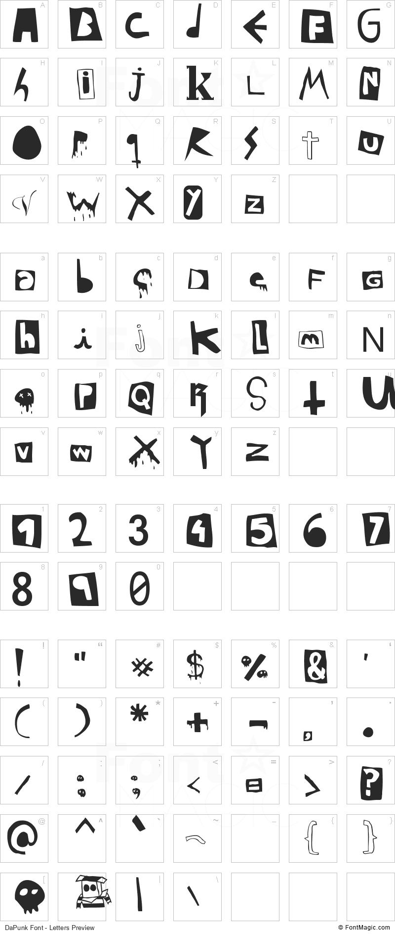 DaPunk Font - All Latters Preview Chart