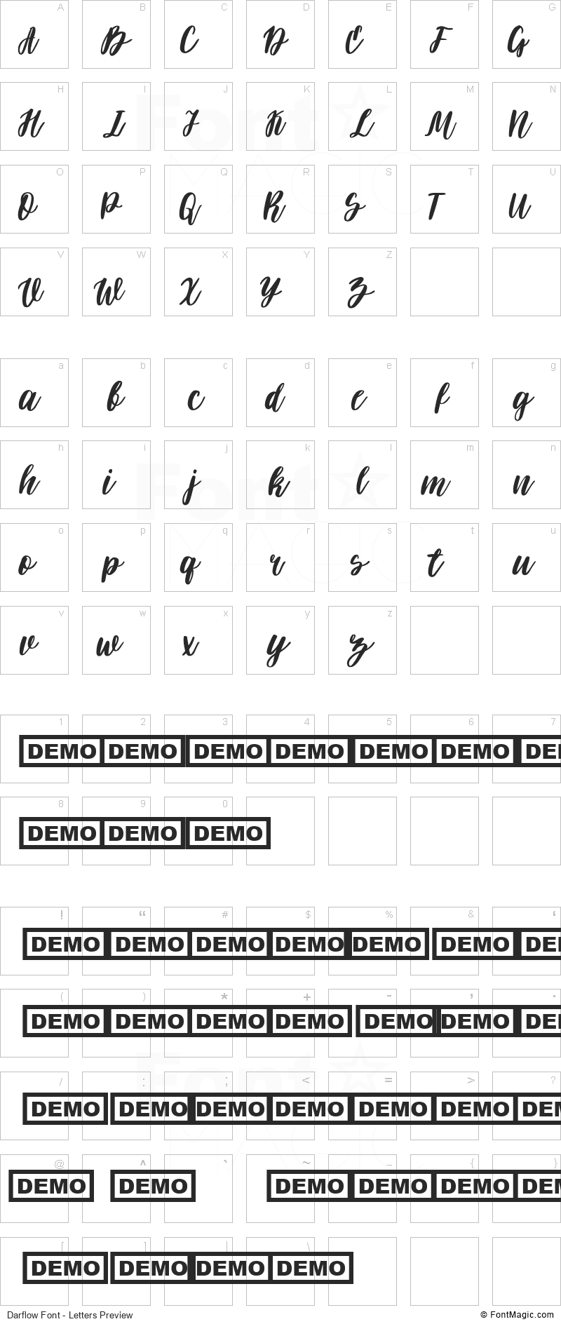 Darflow Font - All Latters Preview Chart