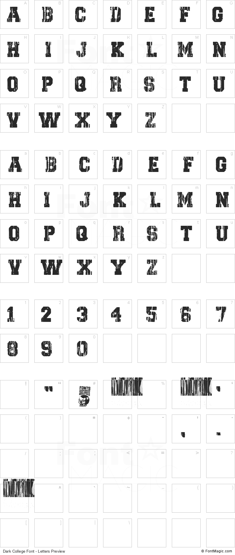 Dark College Font - All Latters Preview Chart