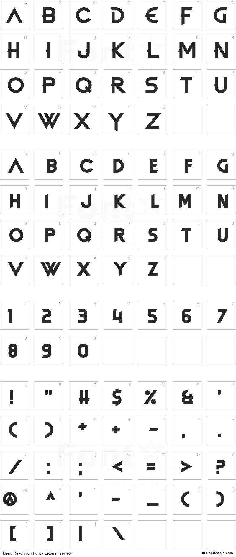 Dead Revolution Font - All Latters Preview Chart