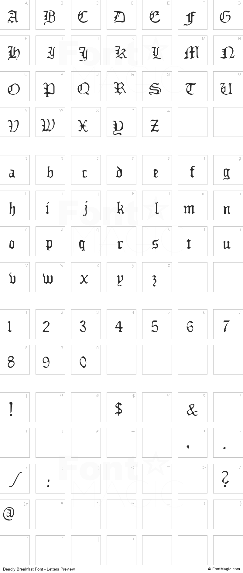 Deadly Breakfast Font - All Latters Preview Chart