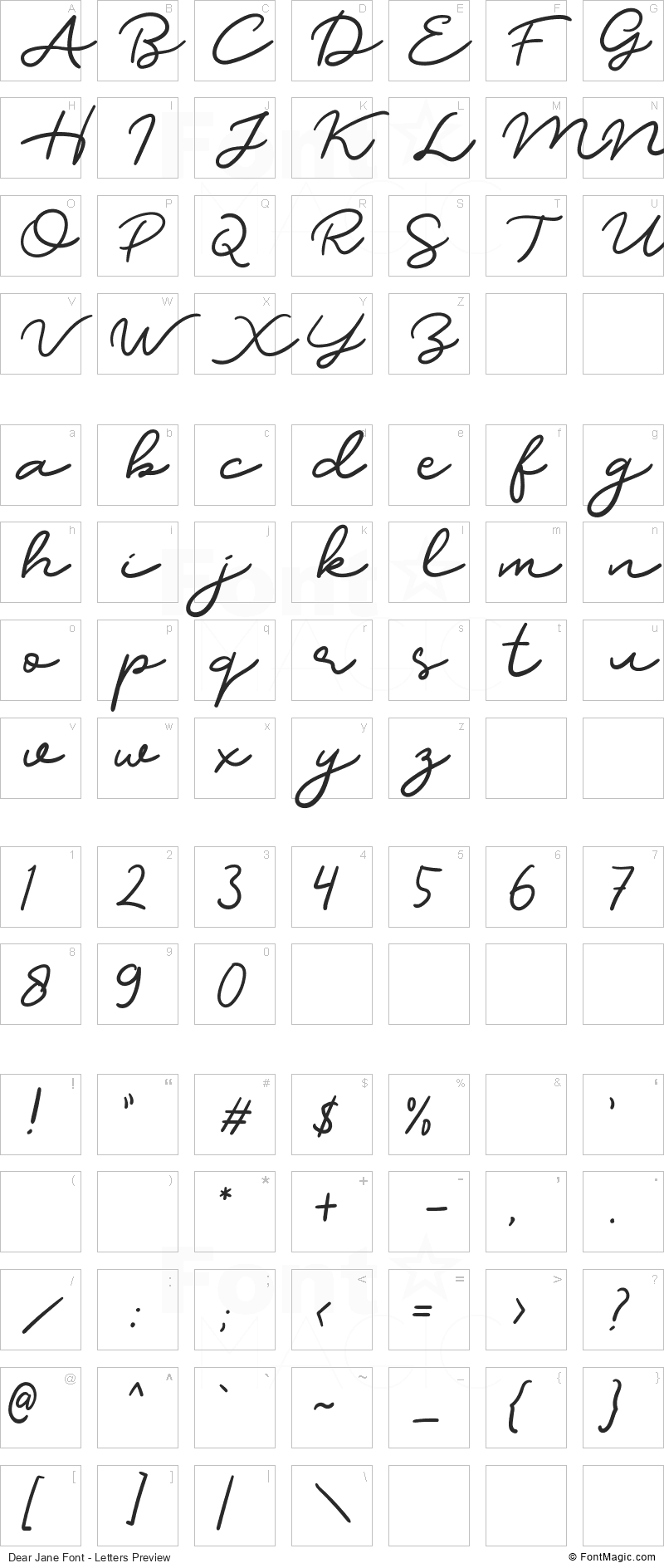 Dear Jane Font - All Latters Preview Chart