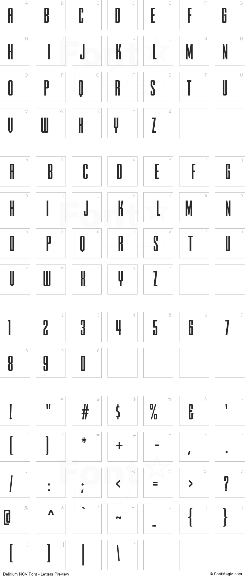 Delirium NCV Font - All Latters Preview Chart