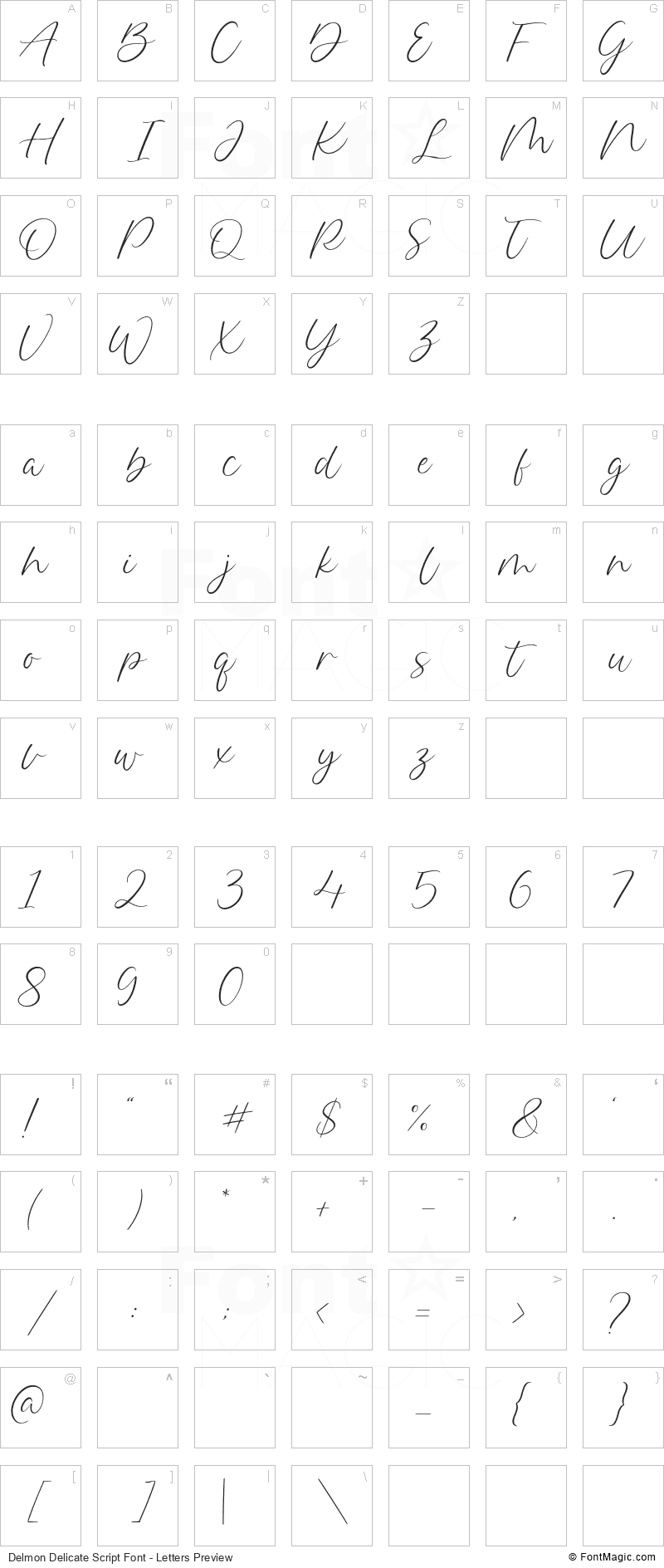 Delmon Delicate Script Font - All Latters Preview Chart