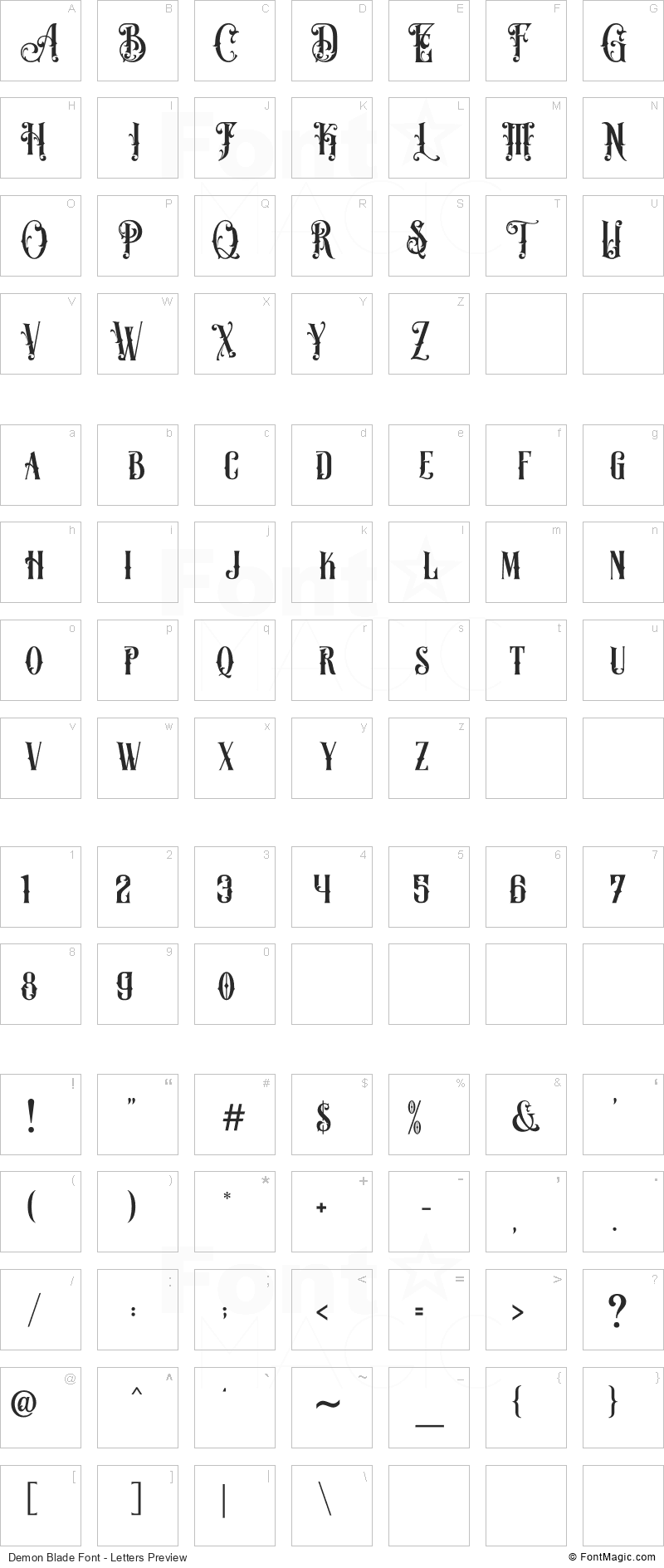 Demon Blade Font - All Latters Preview Chart