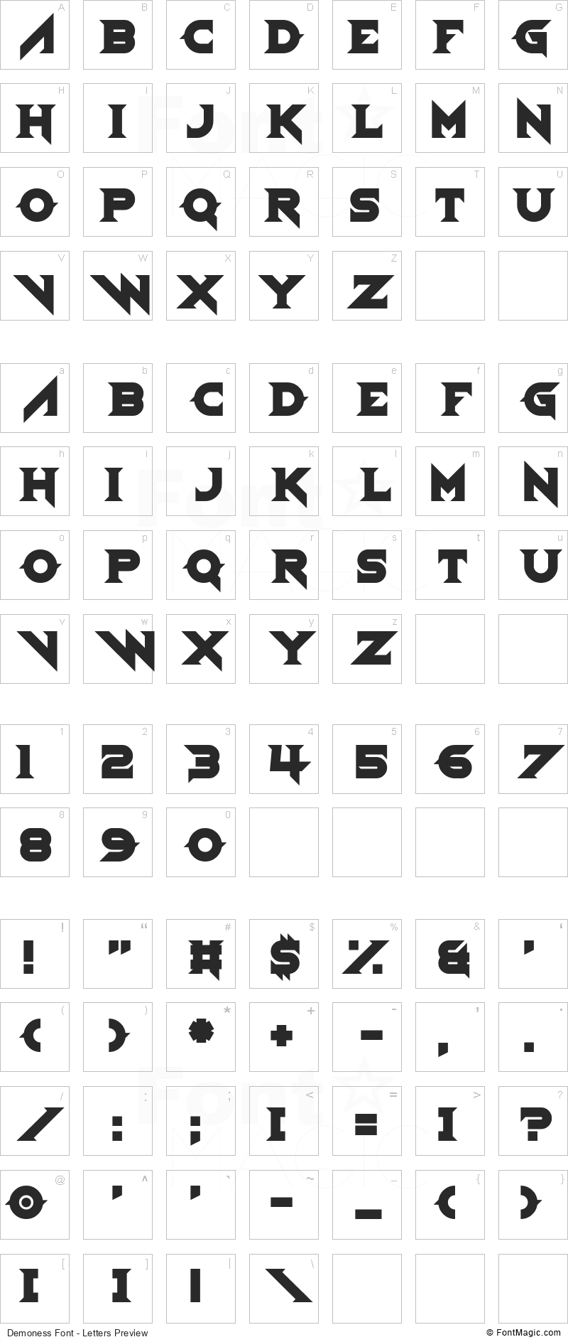 Demoness Font - All Latters Preview Chart