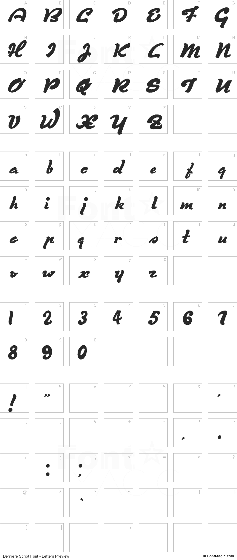 Derniere Script Font - All Latters Preview Chart
