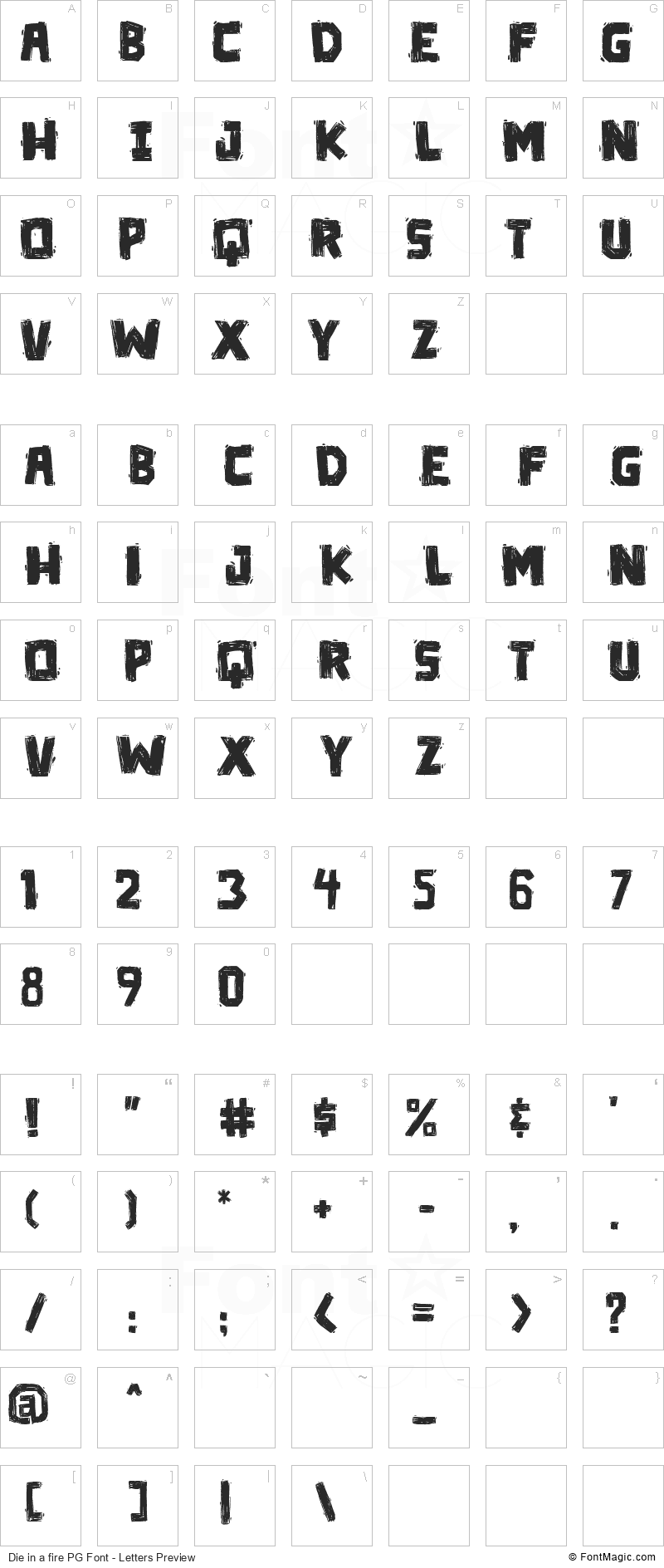 Die in a fire PG Font - All Latters Preview Chart