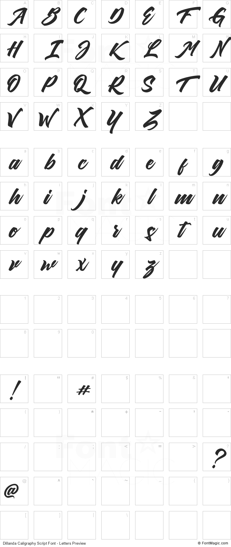 Dillanda Caligraphy Script Font - All Latters Preview Chart