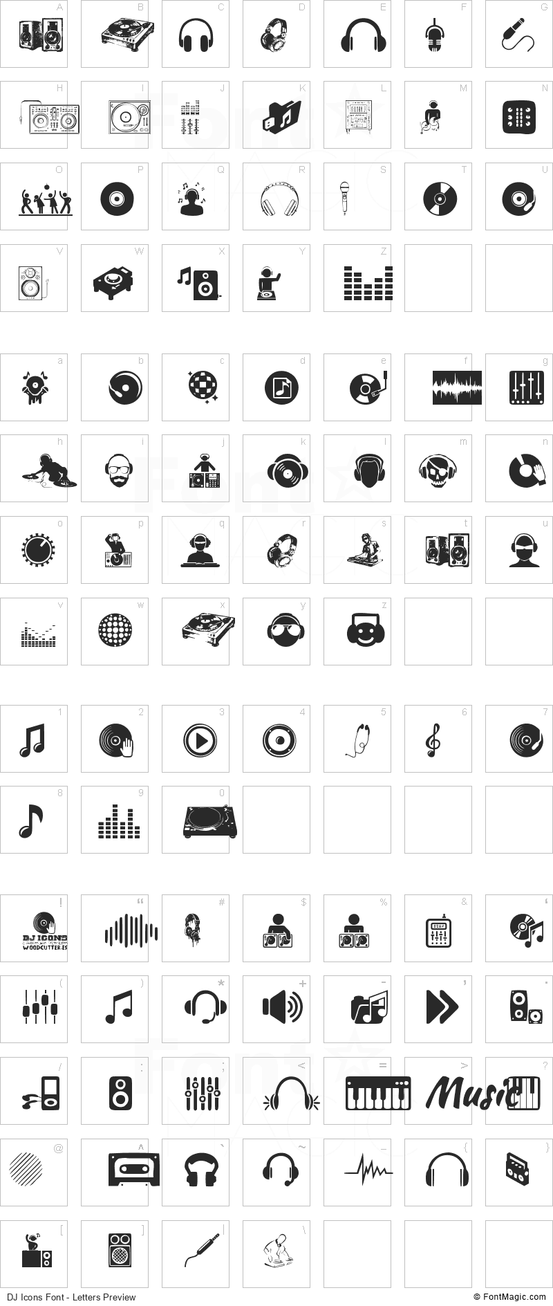 DJ Icons Font - All Latters Preview Chart