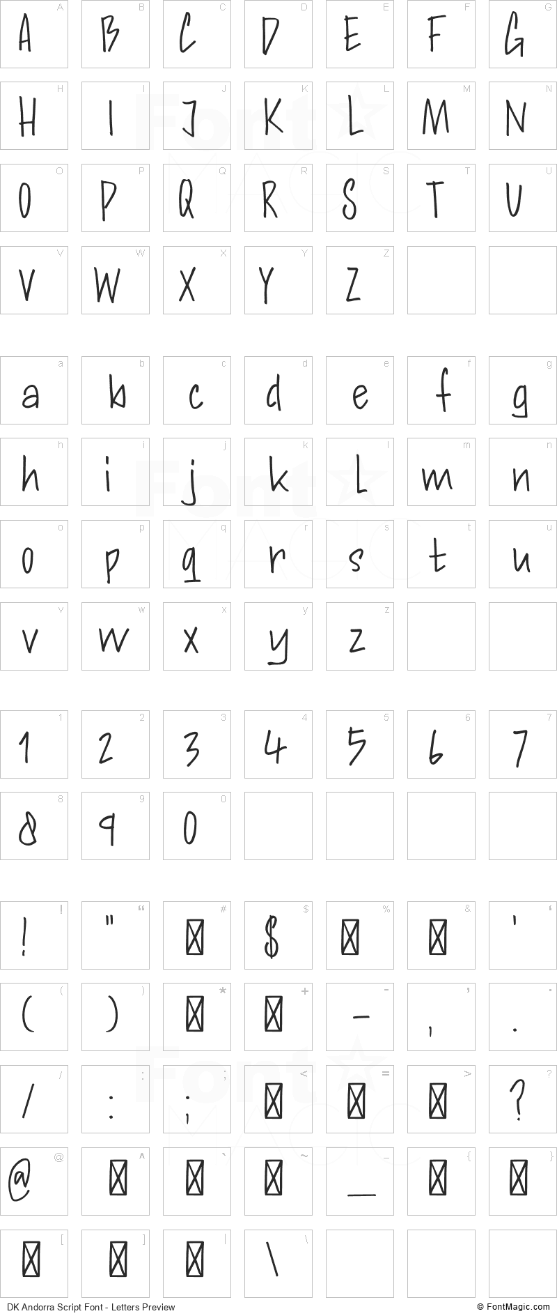 DK Andorra Script Font - All Latters Preview Chart