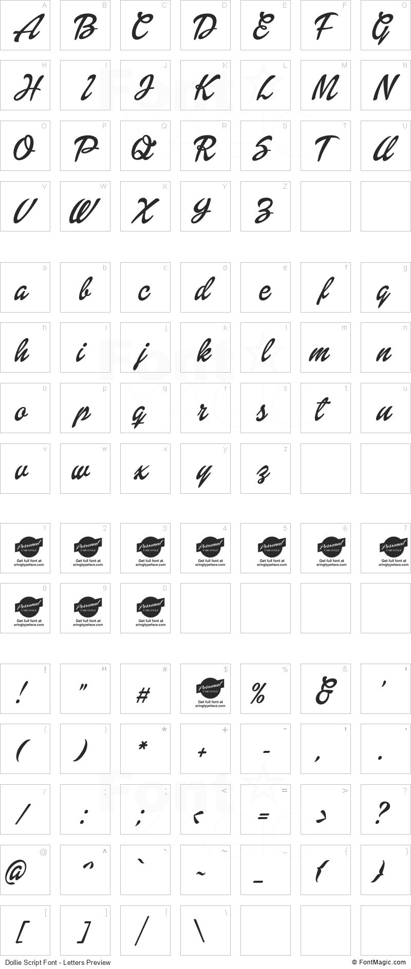 Dollie Script Font - All Latters Preview Chart