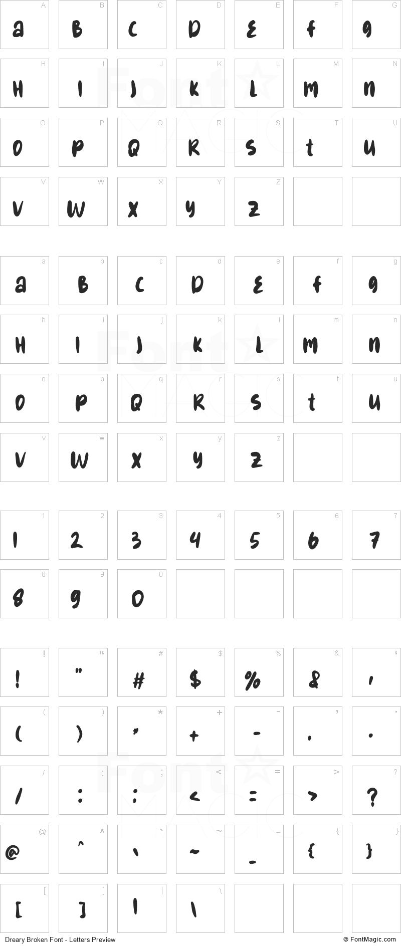 Dreary Broken Font - All Latters Preview Chart