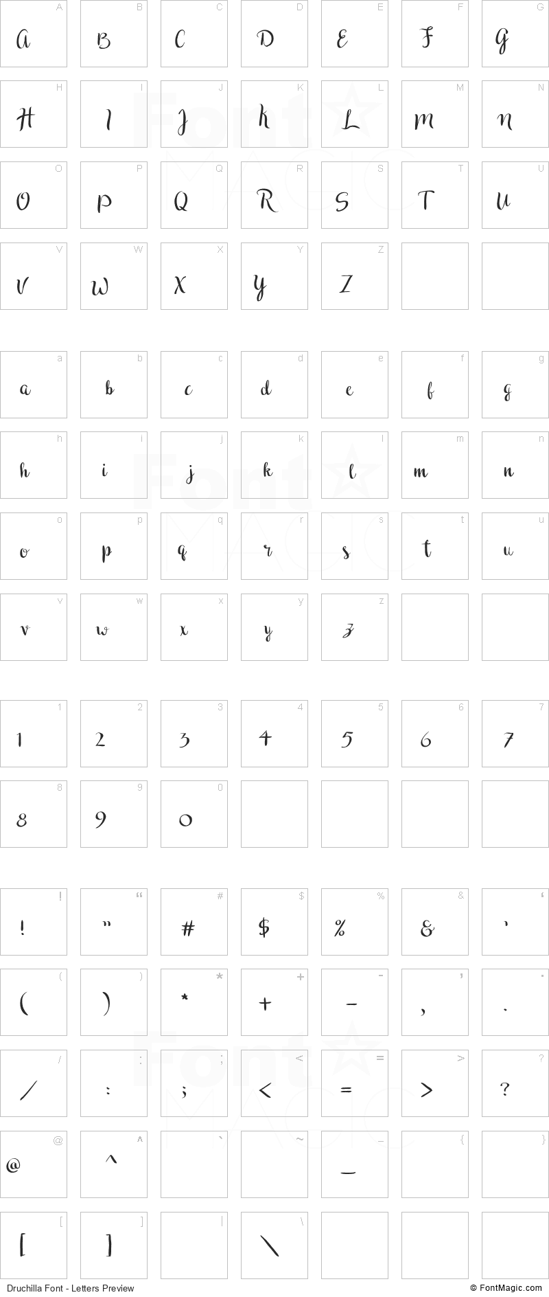 Druchilla Font - All Latters Preview Chart