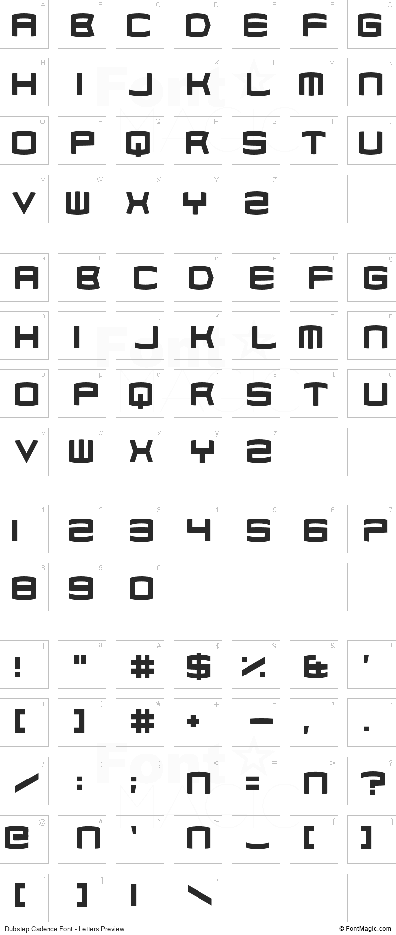 Dubstep Cadence Font - All Latters Preview Chart